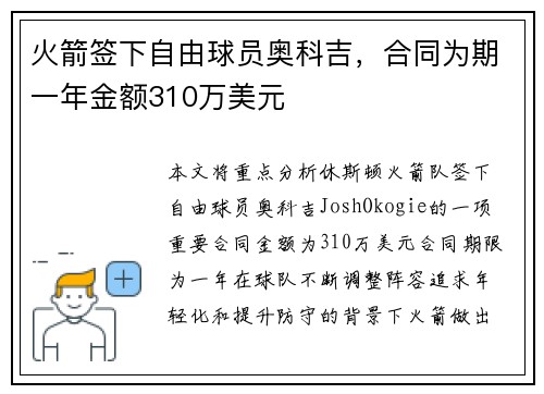 火箭签下自由球员奥科吉，合同为期一年金额310万美元
